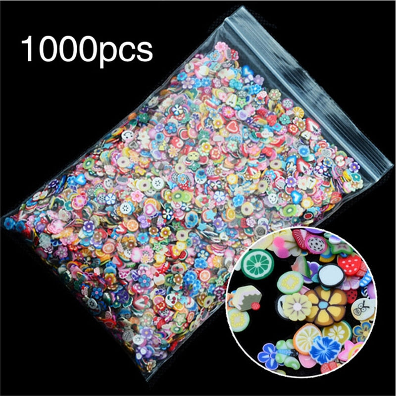 1000pcs/pack DIY 3mm 3D Fruit Flowers Feather Design Tiny Fimo Slices Polymer Clay DIY Girls Toys Stickers Girls Gifts